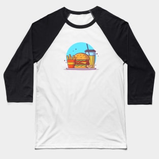 Burger with Orange Juice, Lemon, Mustard, and French Fries Cartoon Vector Icon Illustration Baseball T-Shirt